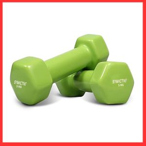 Amazon Brand - Symactive Vinyl Coated Fixed Dumbbell for Gym Exercises, Set of 2, 5 Kg, Green
