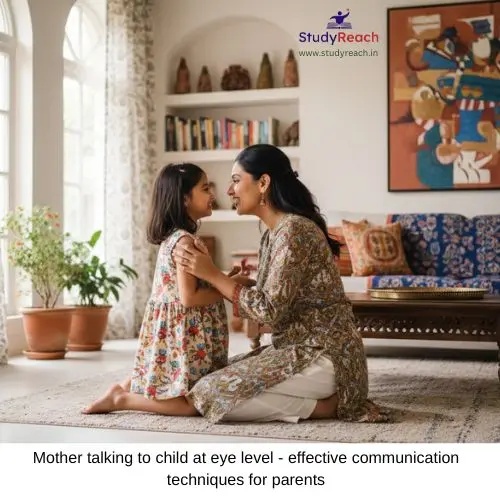 Mother talking to child at eye level - effective communication techniques for parents. StudyReach