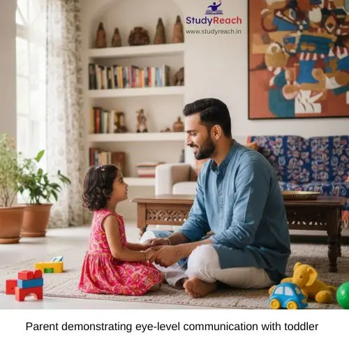 Parent demonstrating eye-level communication with toddler