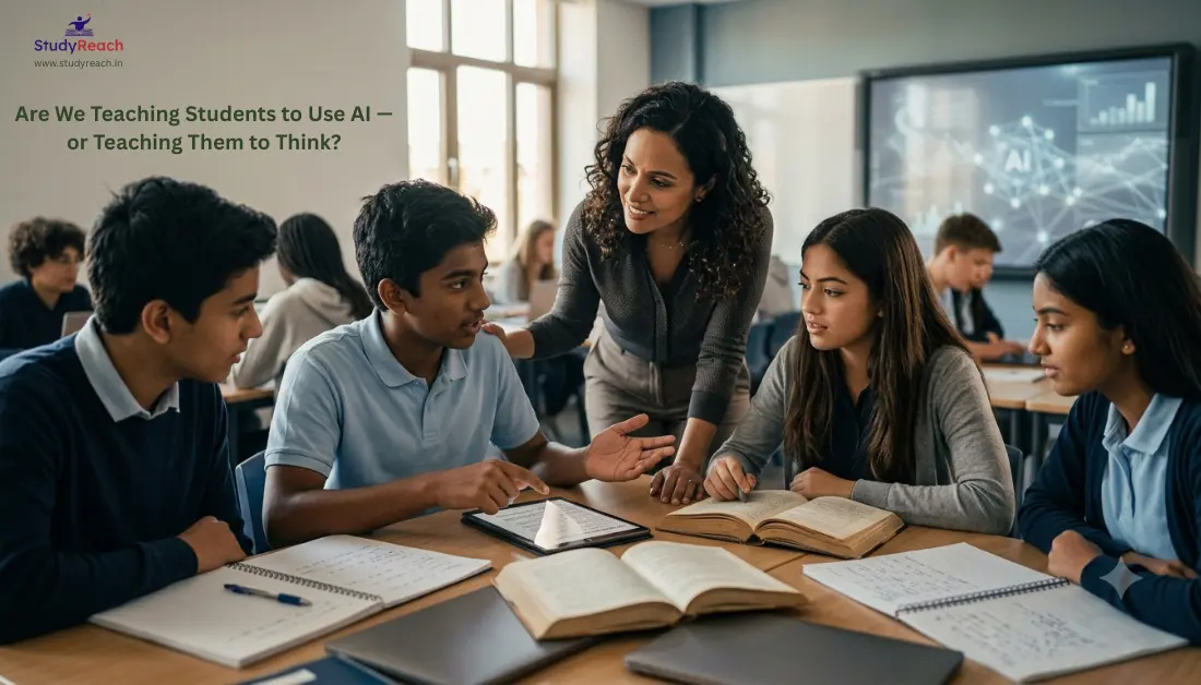 Teacher guiding students in an AI powered classroom