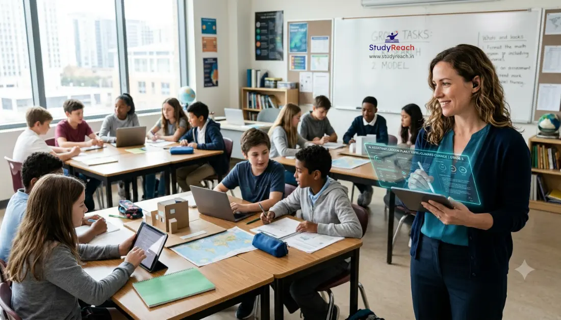 Teacher working with artificial intelligence in a modern classroom