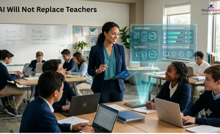 AI in education showing teachers and artificial intelligence working together. Studyreach.in