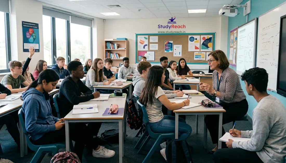 Teacher interacting with students in a phone-free classroom
