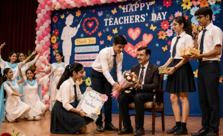 Teachers Day celebration—students, stage, decorations, teacher receiving appreciation.